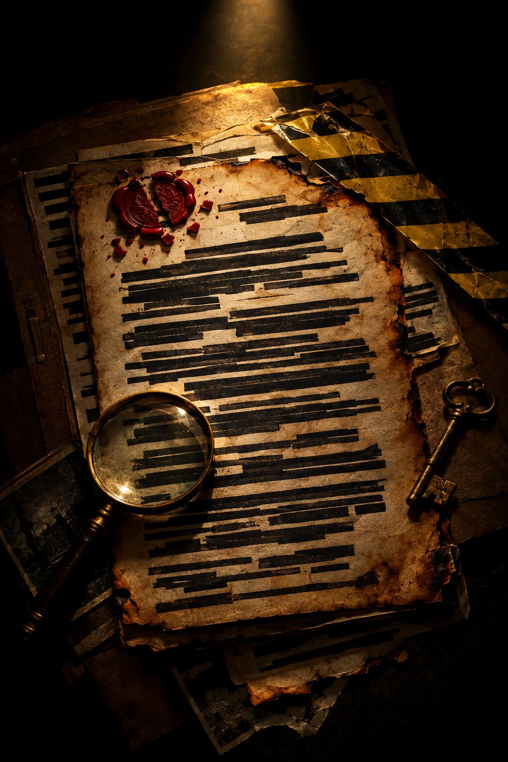 Redacted confidential documents with a broken red wax seal